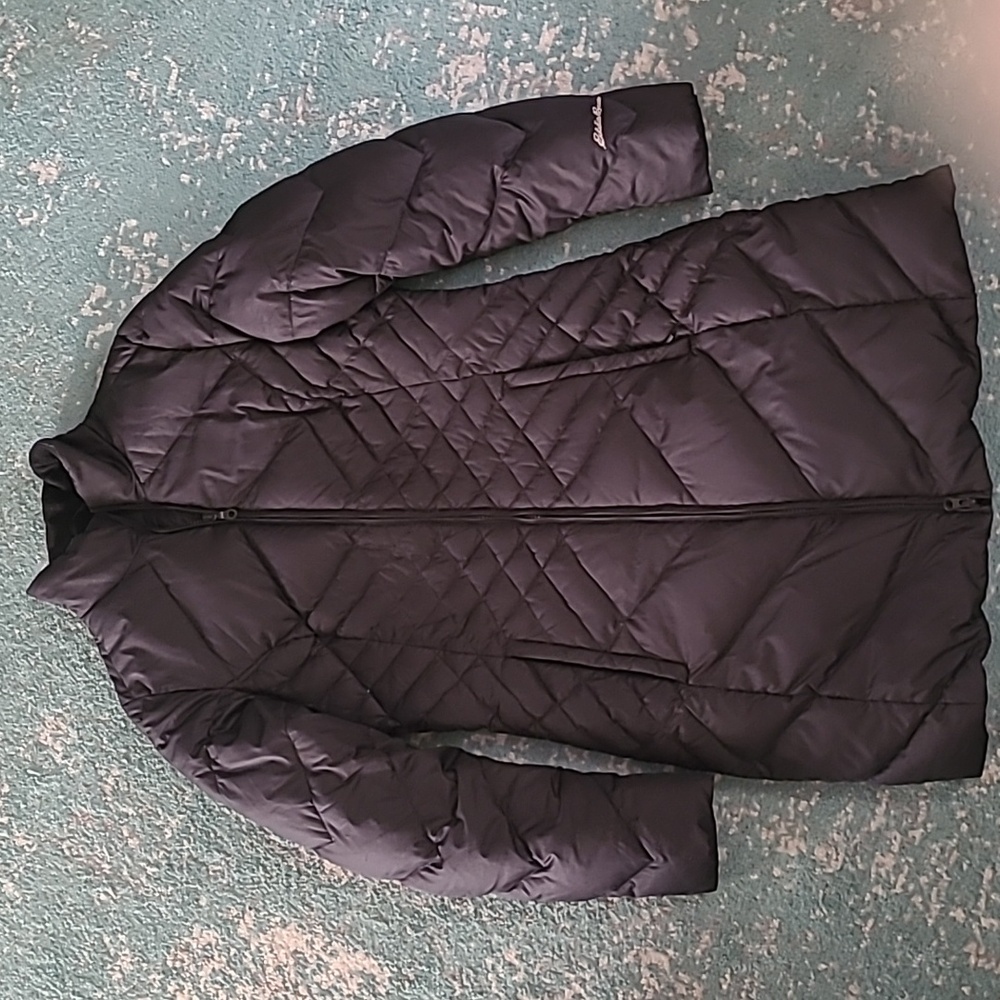 Eddie Bauer Black Quilted Storm Repel Long Jacket Winter Coat, Size S